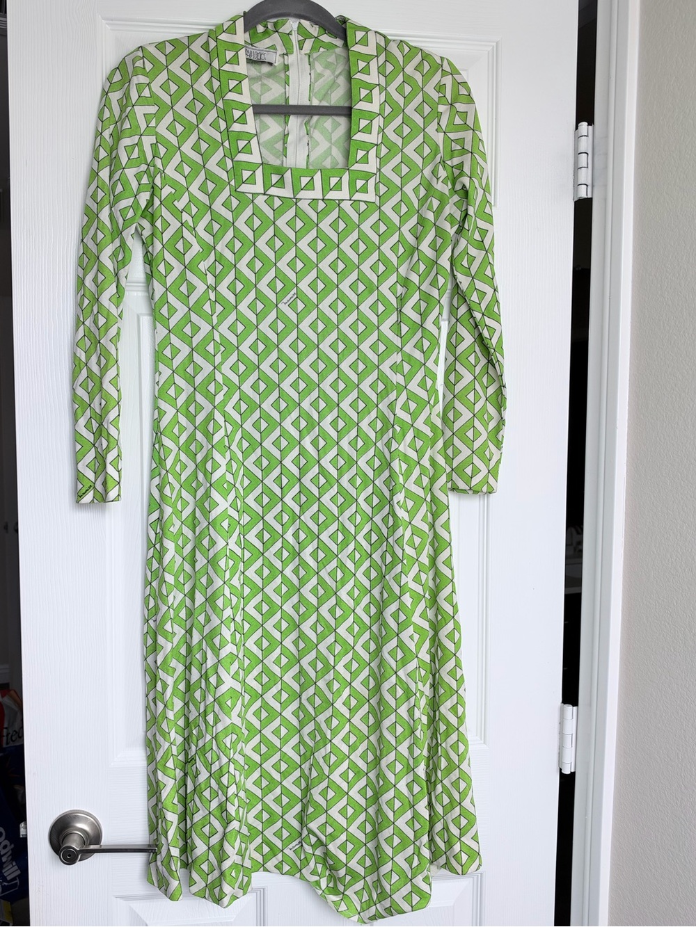 Vintage 70s Maurice Op Art Dress Bullocks Wilshire Lime Green Signed Print M